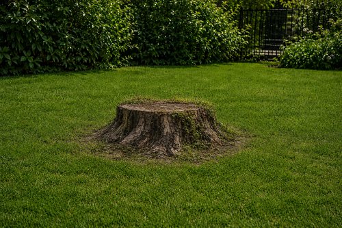 Wurzelstock entfernen Aargau — Vorher: Baumstrunk im Rasen