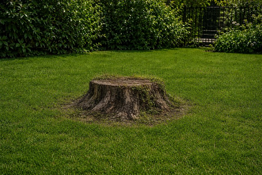 Baumstrunk im gepflegten Garten im Aargau, bereit zum Fräsen